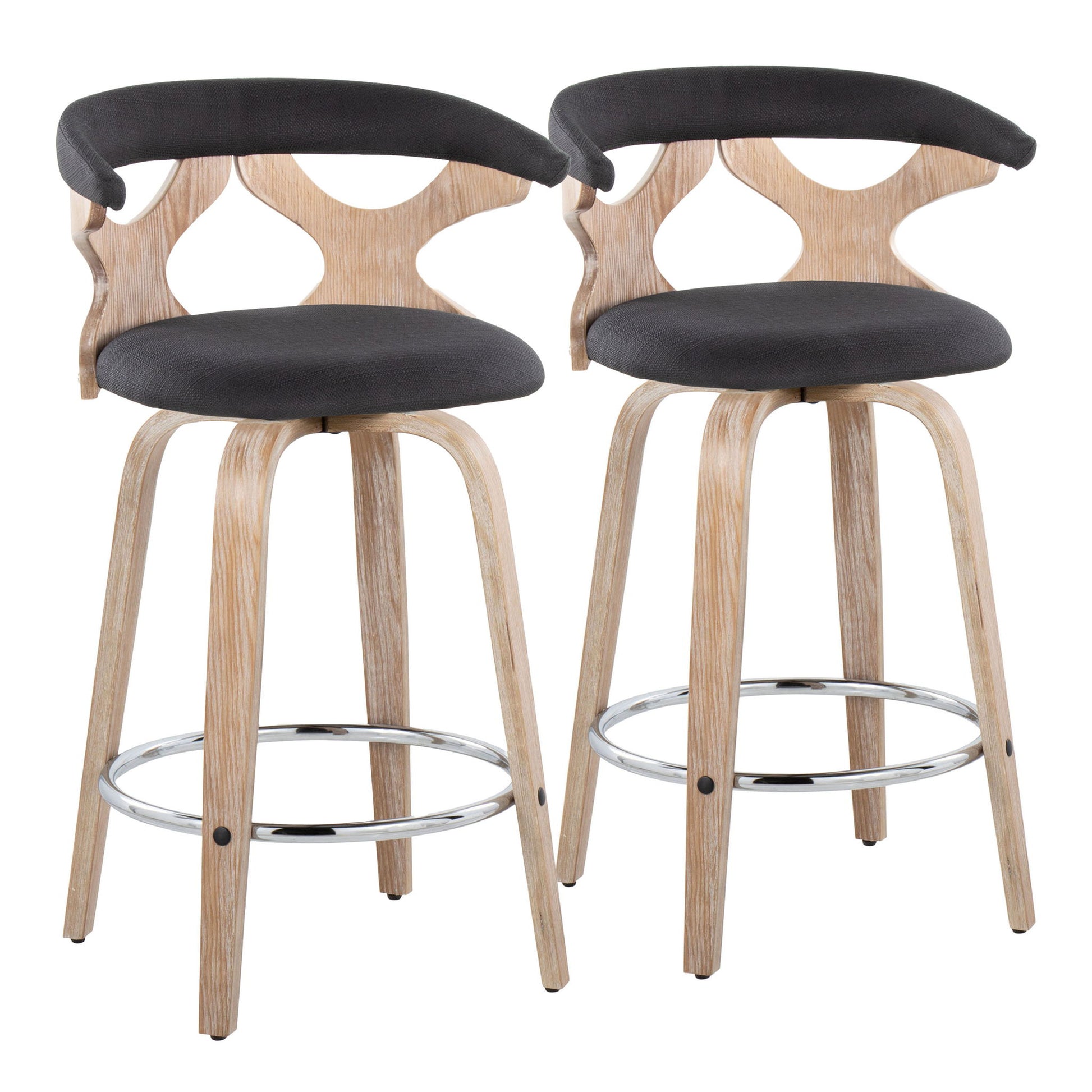 The Gardenia Mid Century Modern Counter Stools (set of 2) feature light wood legs, cut-out backs, black upholstered seats, and chrome footrests, shown side by side against a white background.