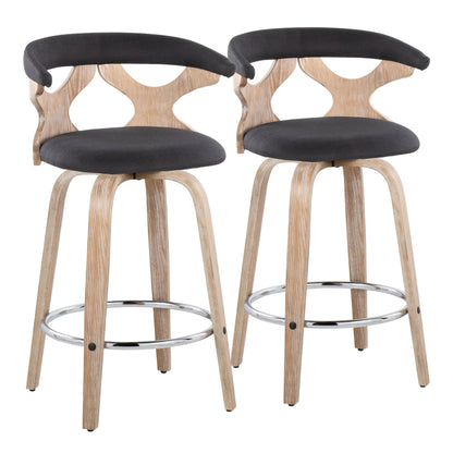 The Gardenia Mid Century Modern Counter Stools (set of 2) feature light wood legs, cut-out backs, black upholstered seats, and chrome footrests, shown side by side against a white background.