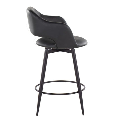 A side view of the Margarite Contemporary Counter Stool shows its modern black design featuring a curved backrest, padded seat, slender metal legs, and a round footrest.