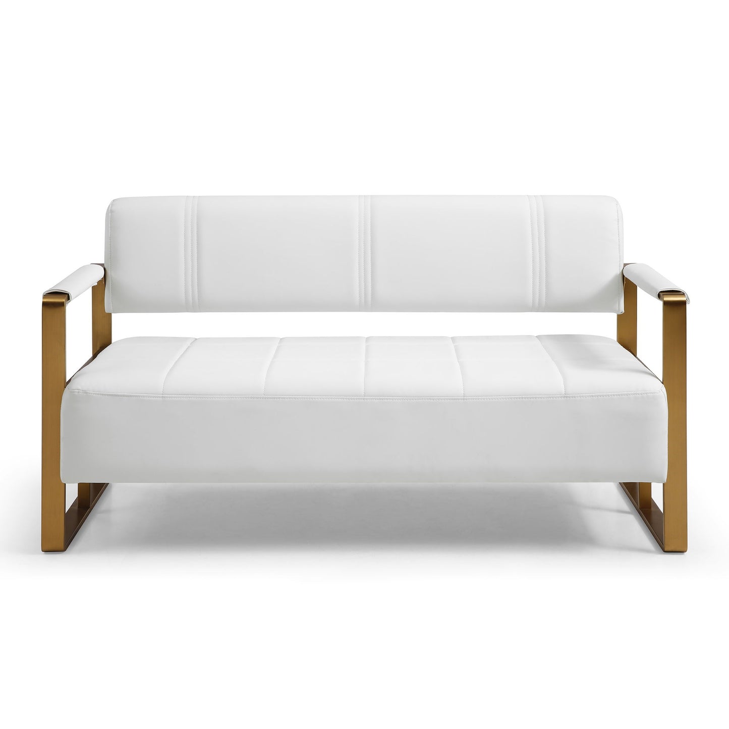 The Modern Upholstery Accent Loveseat Sofa for Living Room is a 2-seater with sleek golden metal arms, white cushioned seat and backrest, shown against a plain white background.