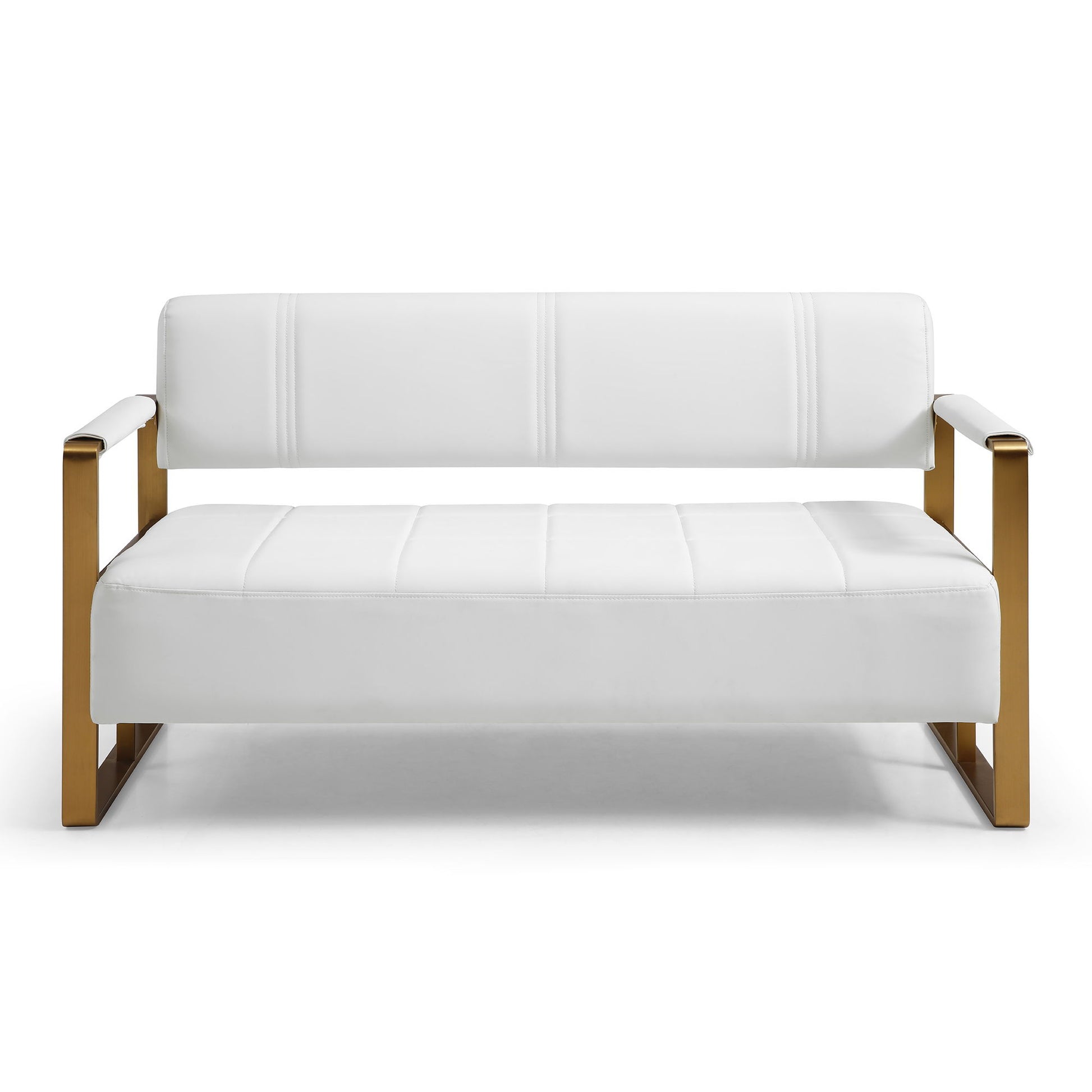 The Modern Upholstery Accent Loveseat Sofa for Living Room is a 2-seater with sleek golden metal arms, white cushioned seat and backrest, shown against a plain white background.