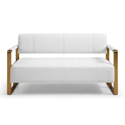 The Modern Upholstery Accent Loveseat Sofa for Living Room is a 2-seater with sleek golden metal arms, white cushioned seat and backrest, shown against a plain white background.