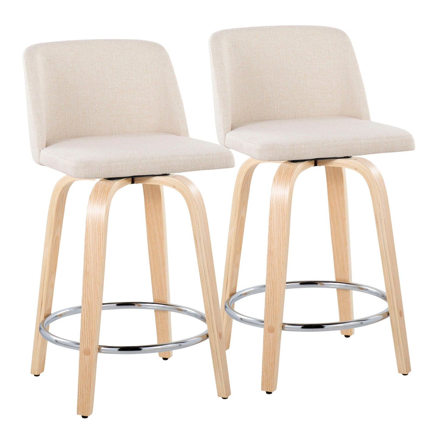 The Toriano set includes 2 contemporary fixed height counter stools with light beige fabric seats and backs, wooden legs in a natural finish, minimalist design, and round metal swivel footrests.
