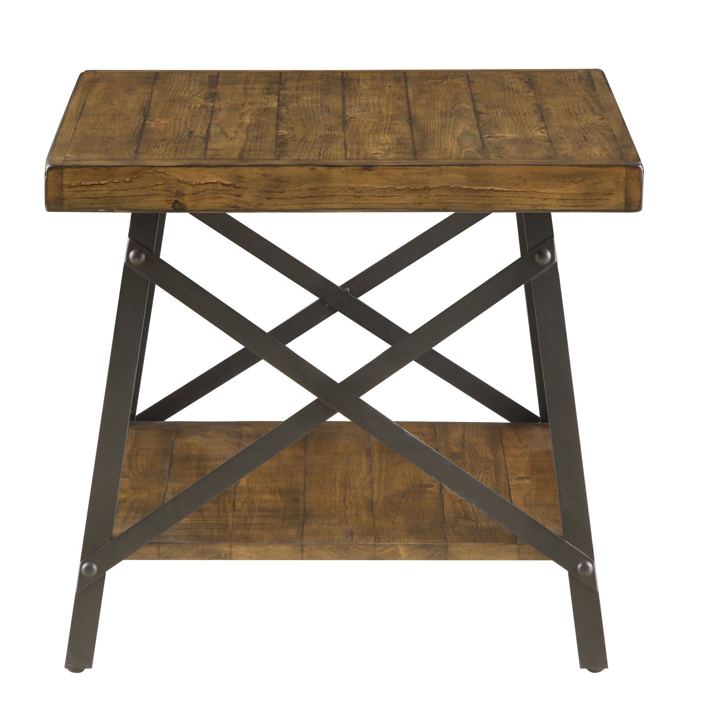 The Douglas End Table features a rectangular wooden top, a lower shelf, and metal X-shaped side supports, combining rustic and industrial design elements.