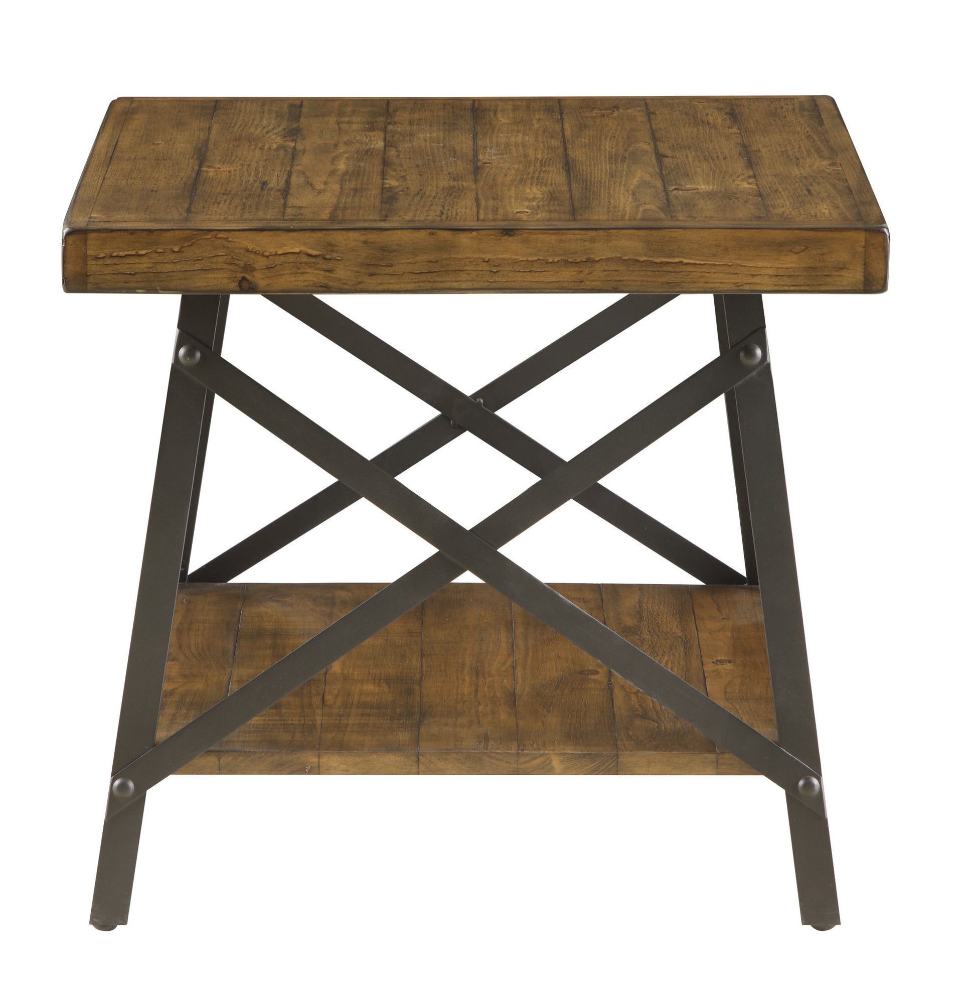 The Douglas End Table features a rectangular wooden top, a lower shelf, and metal X-shaped side supports, combining rustic and industrial design elements.