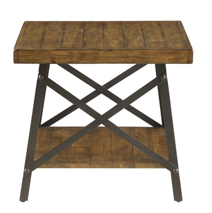 The Douglas End Table features a rectangular wooden top, a lower shelf, and metal X-shaped side supports, combining rustic and industrial design elements.