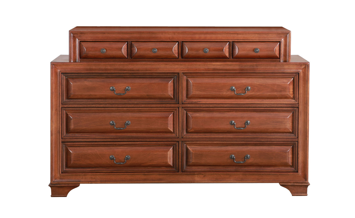 The LaVita - Dresser is a wooden piece with a polished finish, featuring three small top drawers and six larger bottom drawers, all with metal handles and short legs.