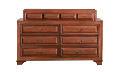 The LaVita - Dresser is a wooden piece with a polished finish, featuring three small top drawers and six larger bottom drawers, all with metal handles and short legs.