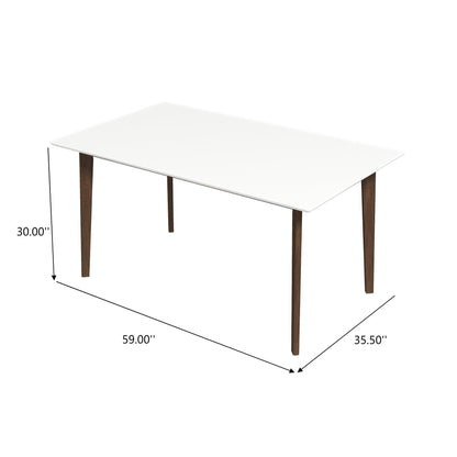 The Levi - Modern Style Rectangular Dining Kitchen Table features a white top and four wooden legs. Its dimensions are 59"L x 35.5"W x 30"H, perfect for stylish dining spaces.