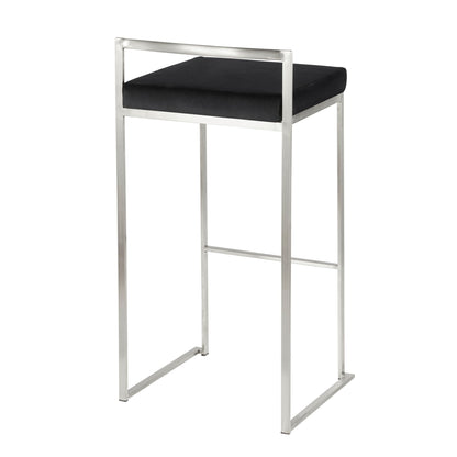The Fuji barstool features a contemporary, elegant design with a sleek silver metal frame, low rectangular backrest, black cushioned seat, and is stackable.