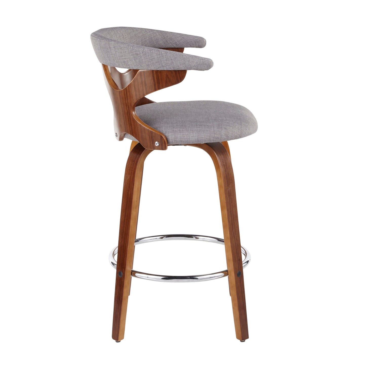 The Gardenia - Mid Century Modern Counter Stool (Set of 2) features a curved wooden frame, light gray cushioned seat and backrest, open-back design, angled wooden legs, and a circular chrome footrest for added style and comfort.