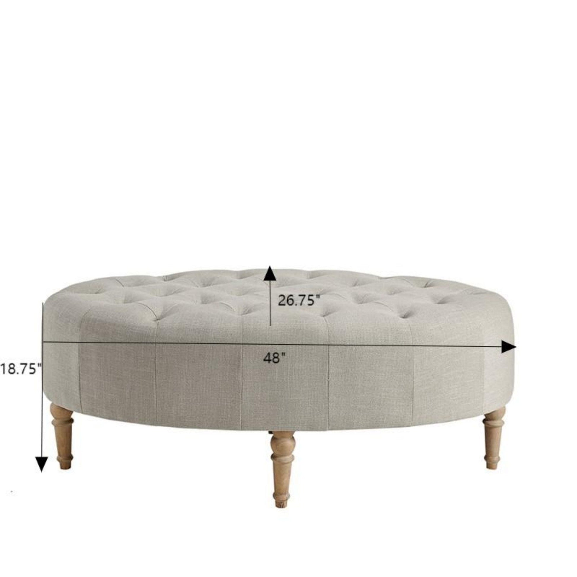 The Fancy Style Design Upholstery Solid Wood - Linen is a round, tufted beige ottoman with wooden legs, displayed on a white background. Dimensions: 48" diameter, 26.75" top width, and 18.75" height.