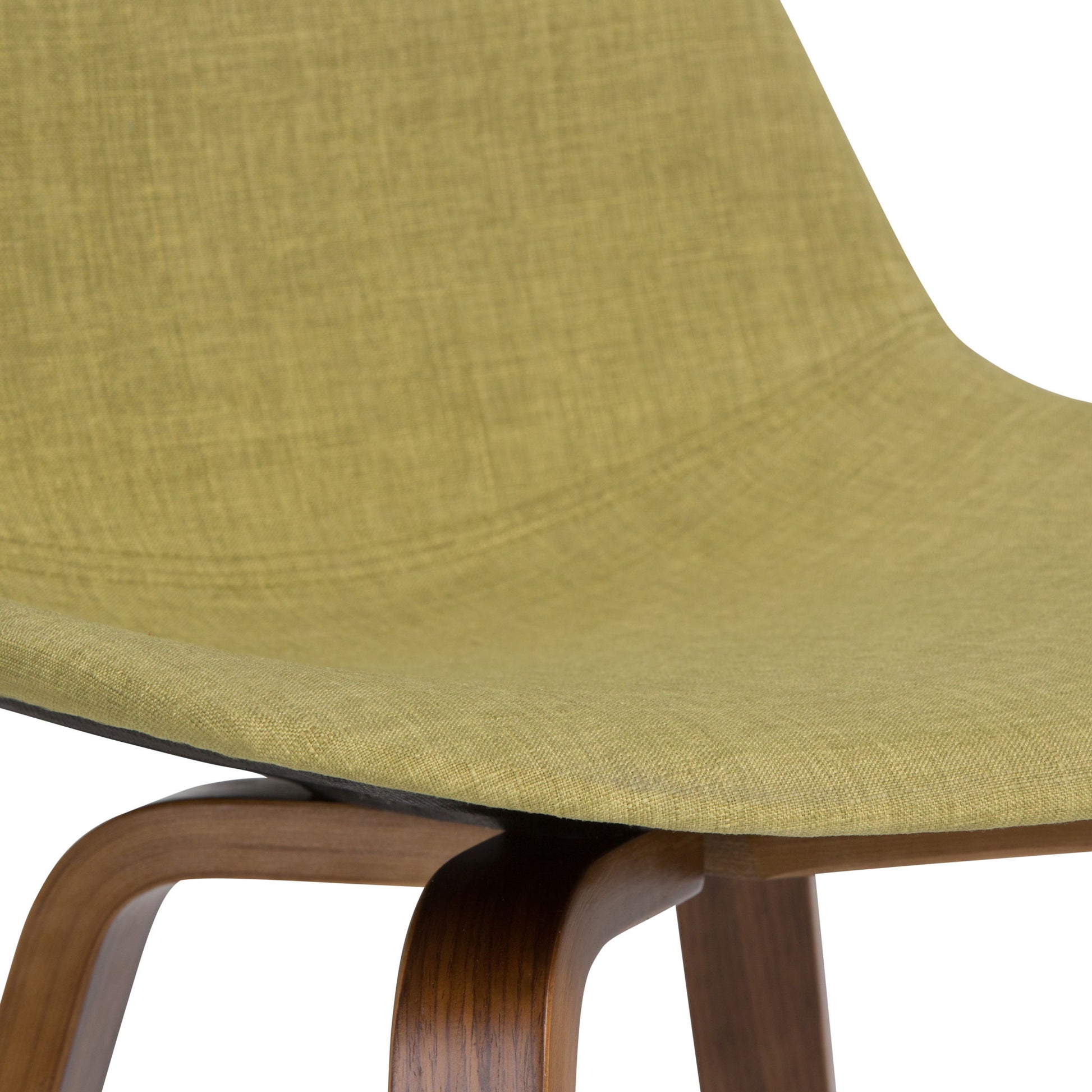 Close-up of the Randolph Bentwood - Counter / Bar Height Stool (Set of 2), featuring a light olive green upholstered seat and curved wooden legs. The fabric texture and wood grain stand out against a white background.