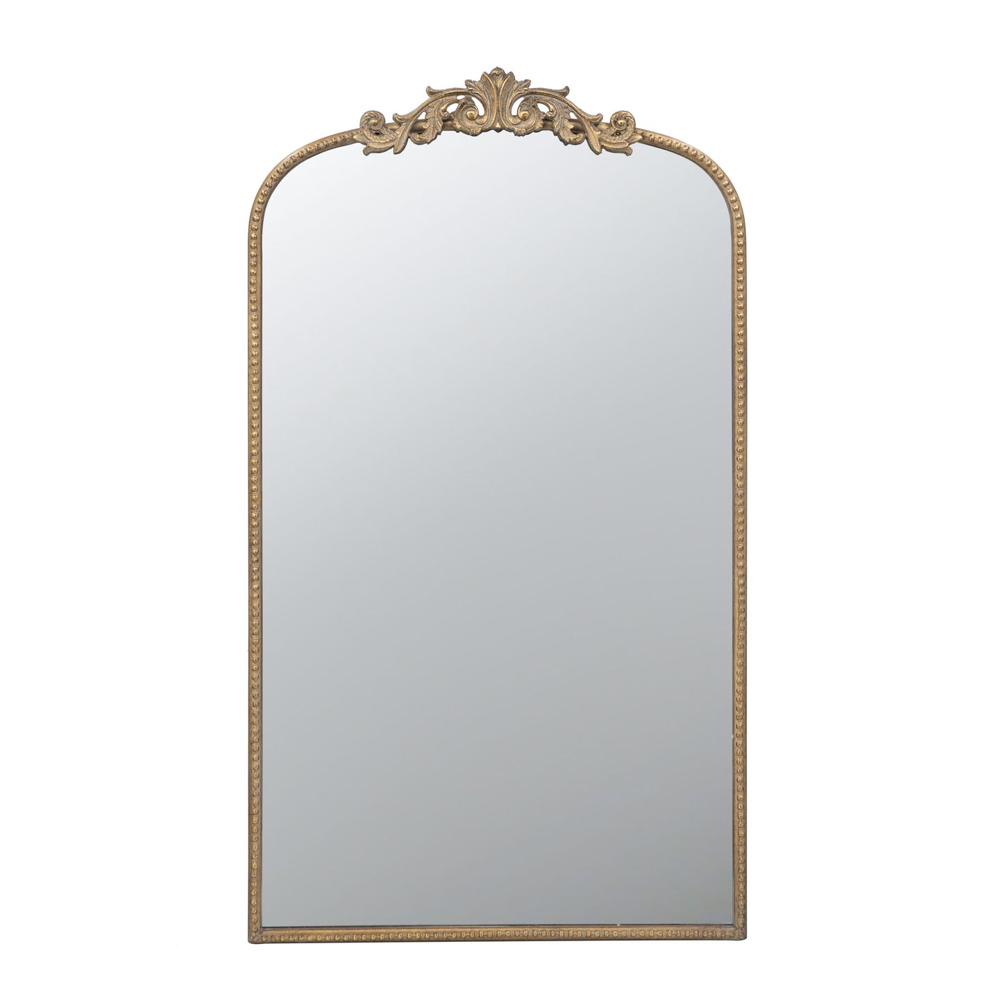 The Arch Mirror, a Baroque inspired wall decor piece for bathroom, bedroom, or living room, features a tall gold ornate frame with intricate top detailing and a simple edge border.