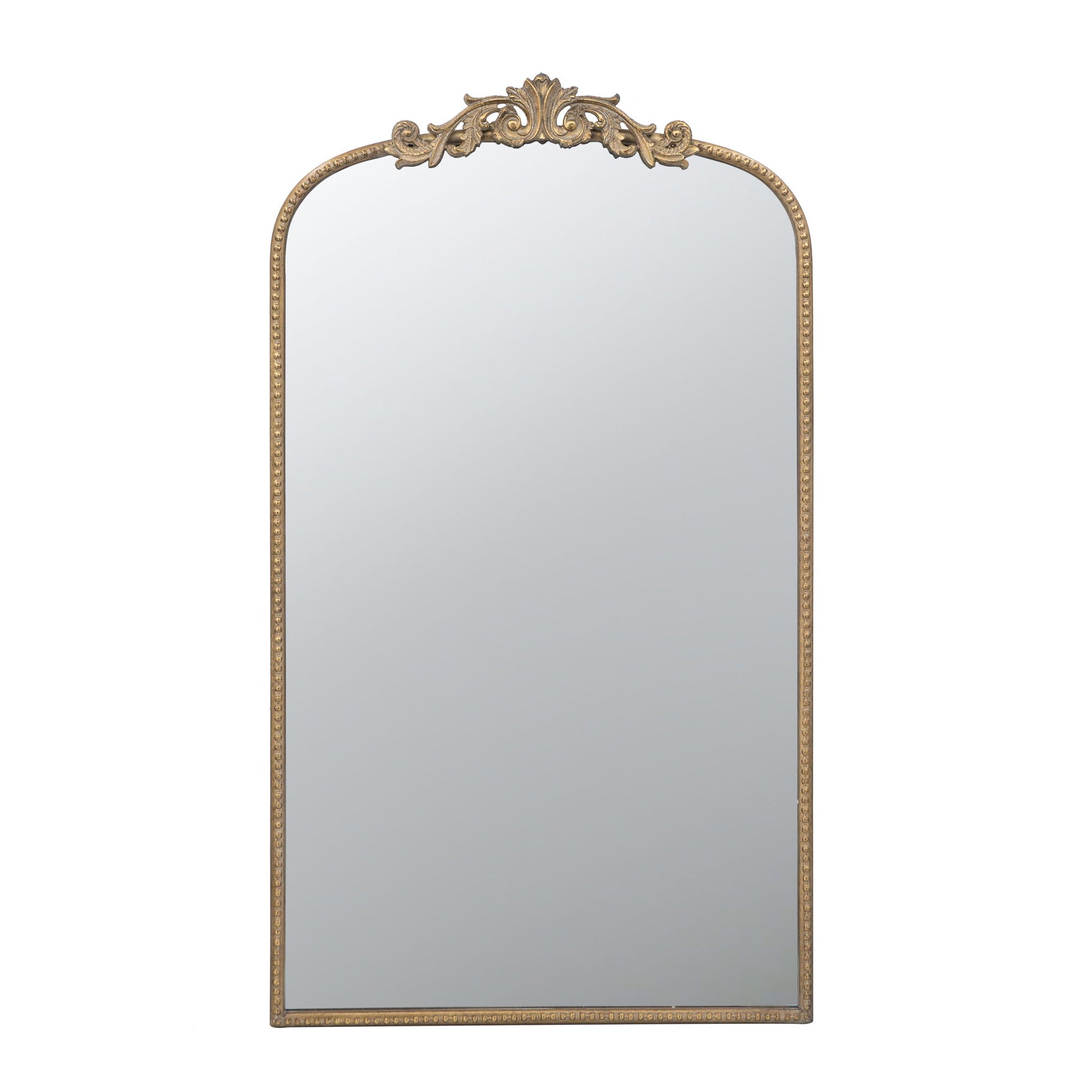 The Arch Mirror, a Baroque inspired wall decor piece for bathroom, bedroom, or living room, features a tall gold ornate frame with intricate top detailing and a simple edge border.