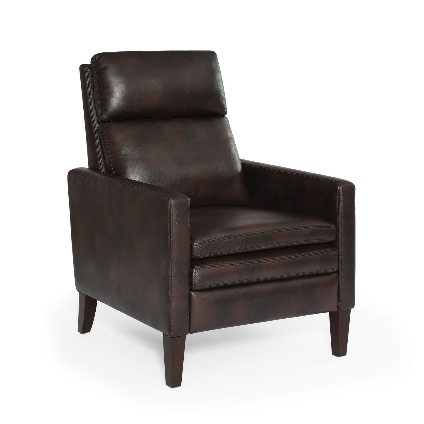 The Vaughn Push Back Recliner features dark brown leather, a high back, square arms, and solid hardwood tapered legs, shown on a white background.