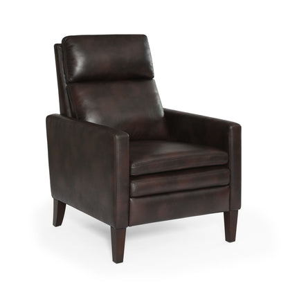 The Vaughn Push Back Recliner features dark brown leather, a high back, square arms, and solid hardwood tapered legs, shown on a white background.