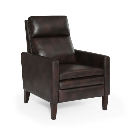 The Vaughn Push Back Recliner features dark brown leather, a high back, square arms, and solid hardwood tapered legs, shown on a white background.