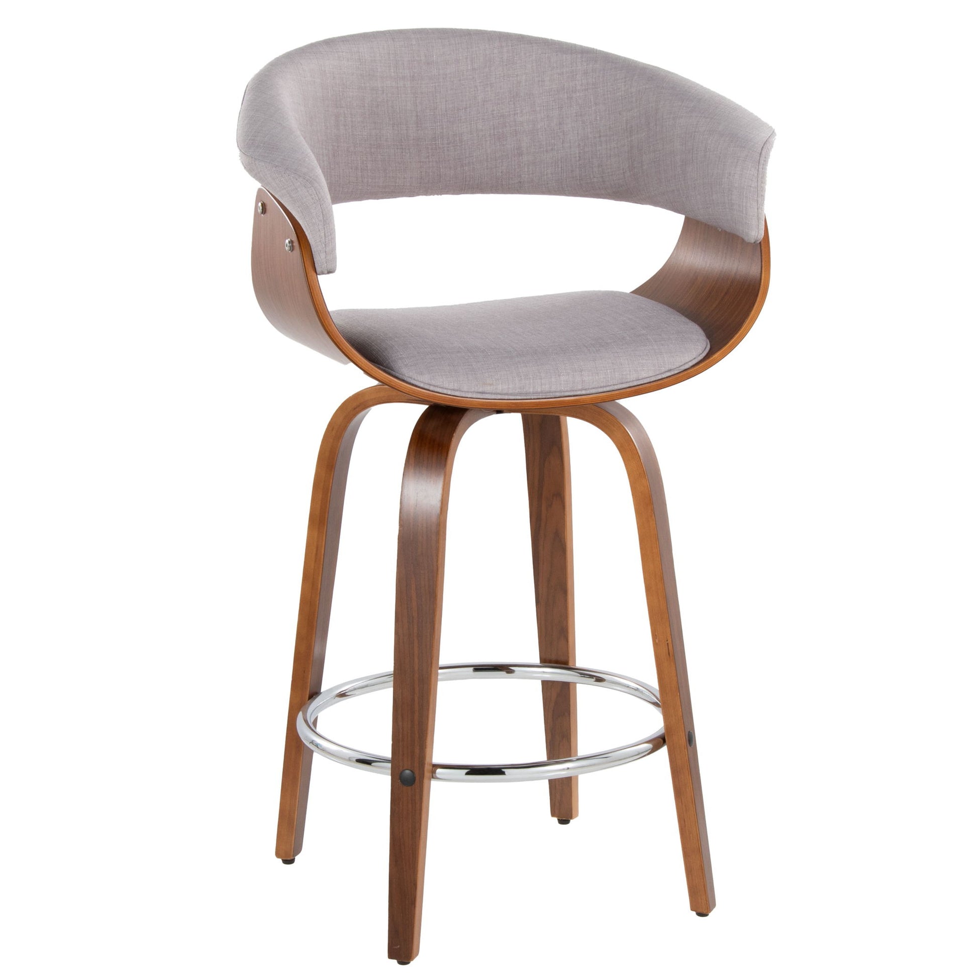 The Vintage Mod Mid Century Modern Fixed Height Counter Stool features a curved wooden frame, light gray upholstered seat and backrest, four wooden legs, and a round metal footrest. Set of 2 with swivel function.