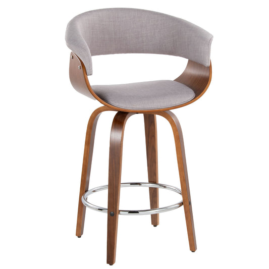 The Vintage Mod Mid Century Modern Fixed Height Counter Stool features a curved wooden frame, light gray upholstered seat and backrest, four wooden legs, and a round metal footrest. Set of 2 with swivel function.
