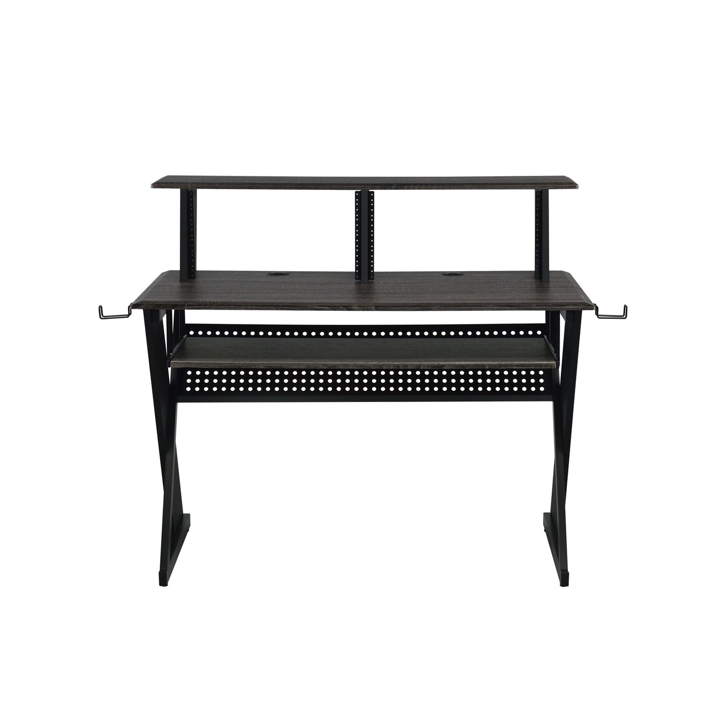 The Humanity - Music Desk - Black features a dark wood surface, raised shelf, metal frame, two side hooks, and perforated paneling underneath—ideal for studio or office use.