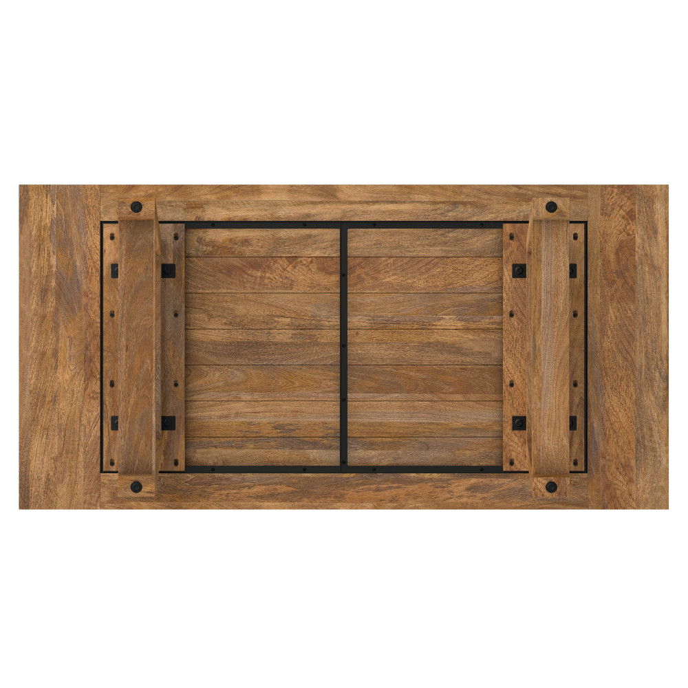 The Whitley Dining Table in Burnt Wax Brown is shown from above, upside down with its four legs folded inward, highlighting the tabletop's wood grain and black metal support bars on the underside.