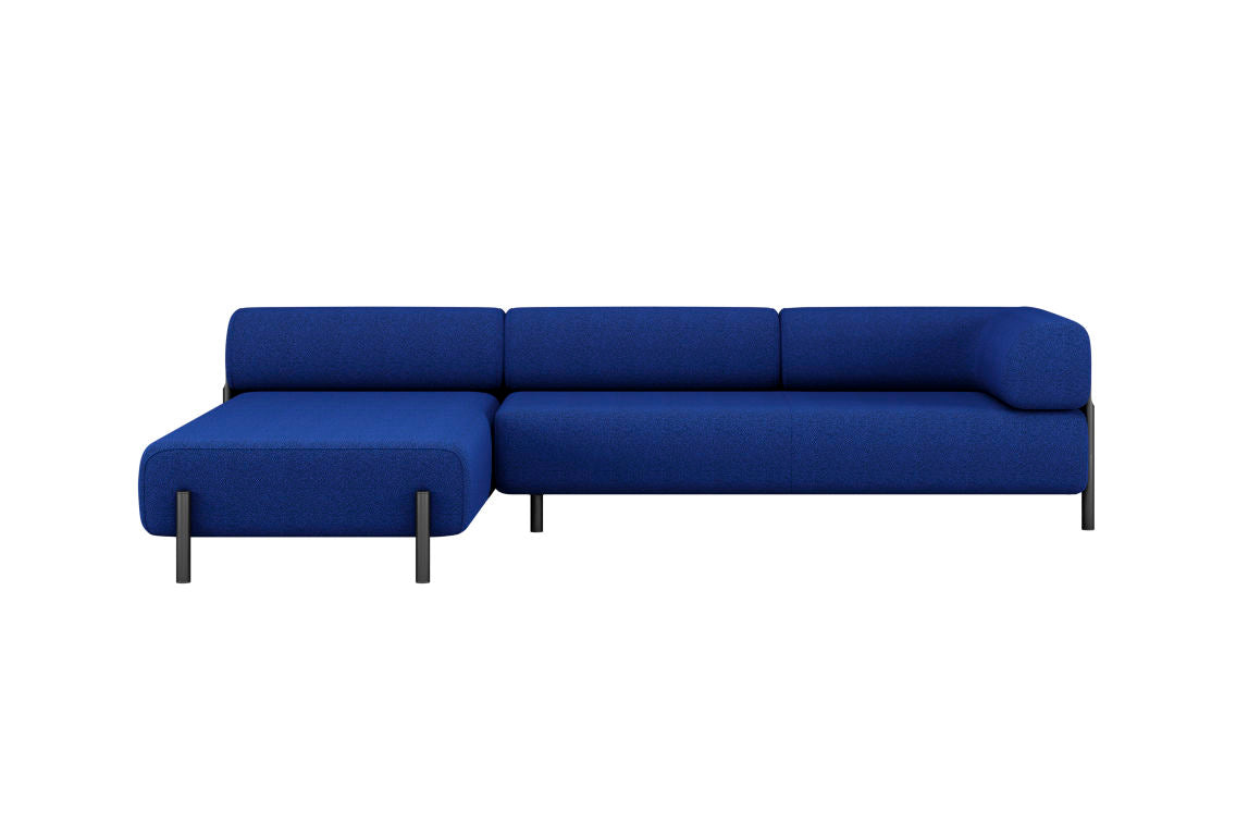 Introducing the Palo 3-seater Sofa: a modern L-shaped sectional in blue, featuring a left-side chaise lounge and sleek black legs. It boasts thick cushions and a minimalist design.
