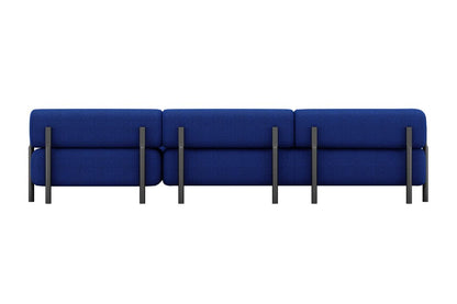 The Palo 3-seater Sofa is a contemporary piece in blue, featuring three sections and supported by sleek vertical black metal rods, designed in a minimalist style and set against a plain white background.