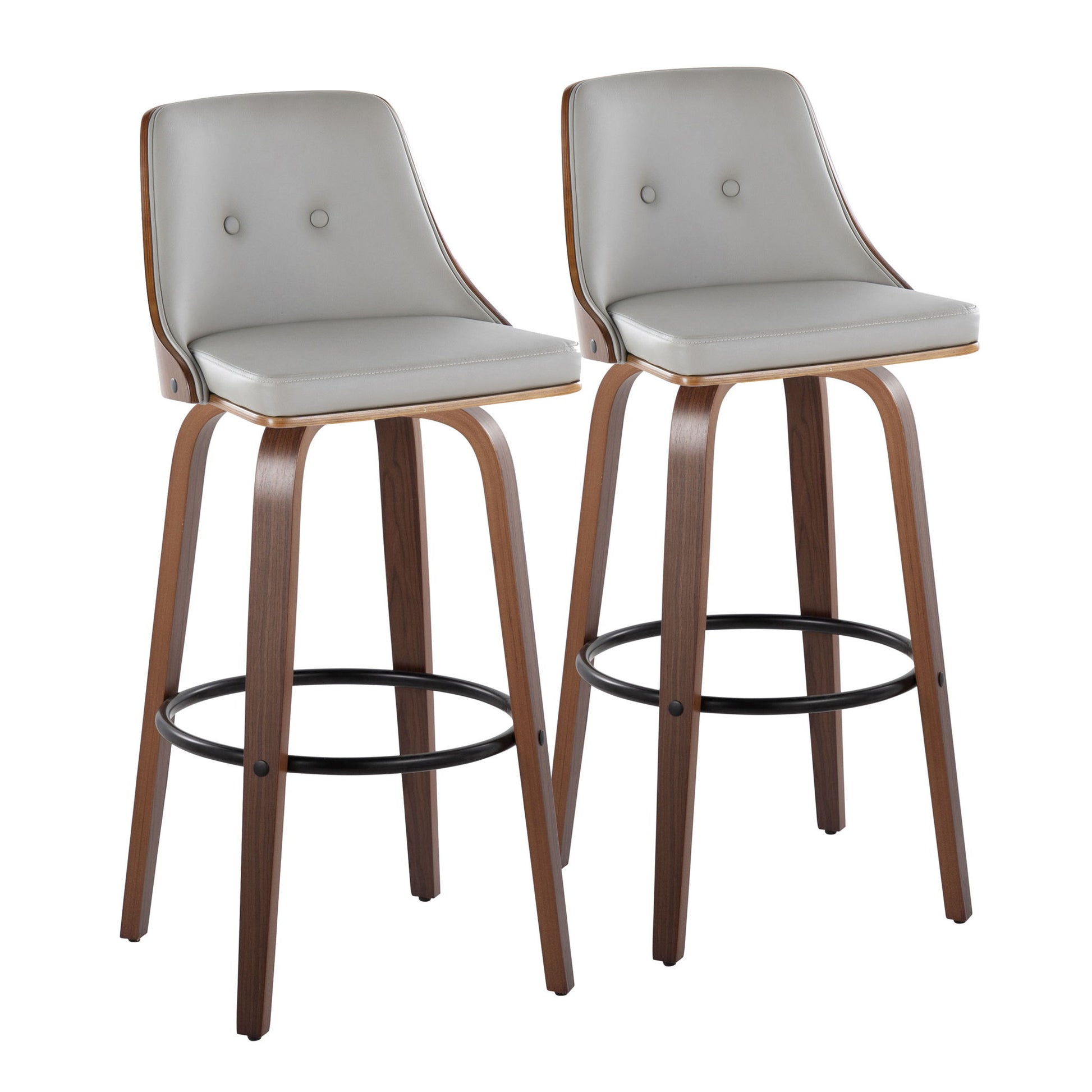 The Gianna set includes two mid-century modern barstools with light gray cushioned seats and backs, walnut curved wood frames, and round metal footrests for support. Fixed height; non-swivel.