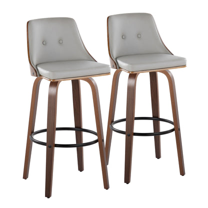 The Gianna set includes two mid-century modern barstools with light gray cushioned seats and backs, walnut curved wood frames, and round metal footrests for support. Fixed height; non-swivel.