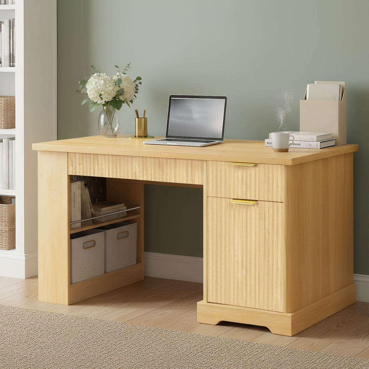 Modern Fluted Office Desk With Storage Cabinet