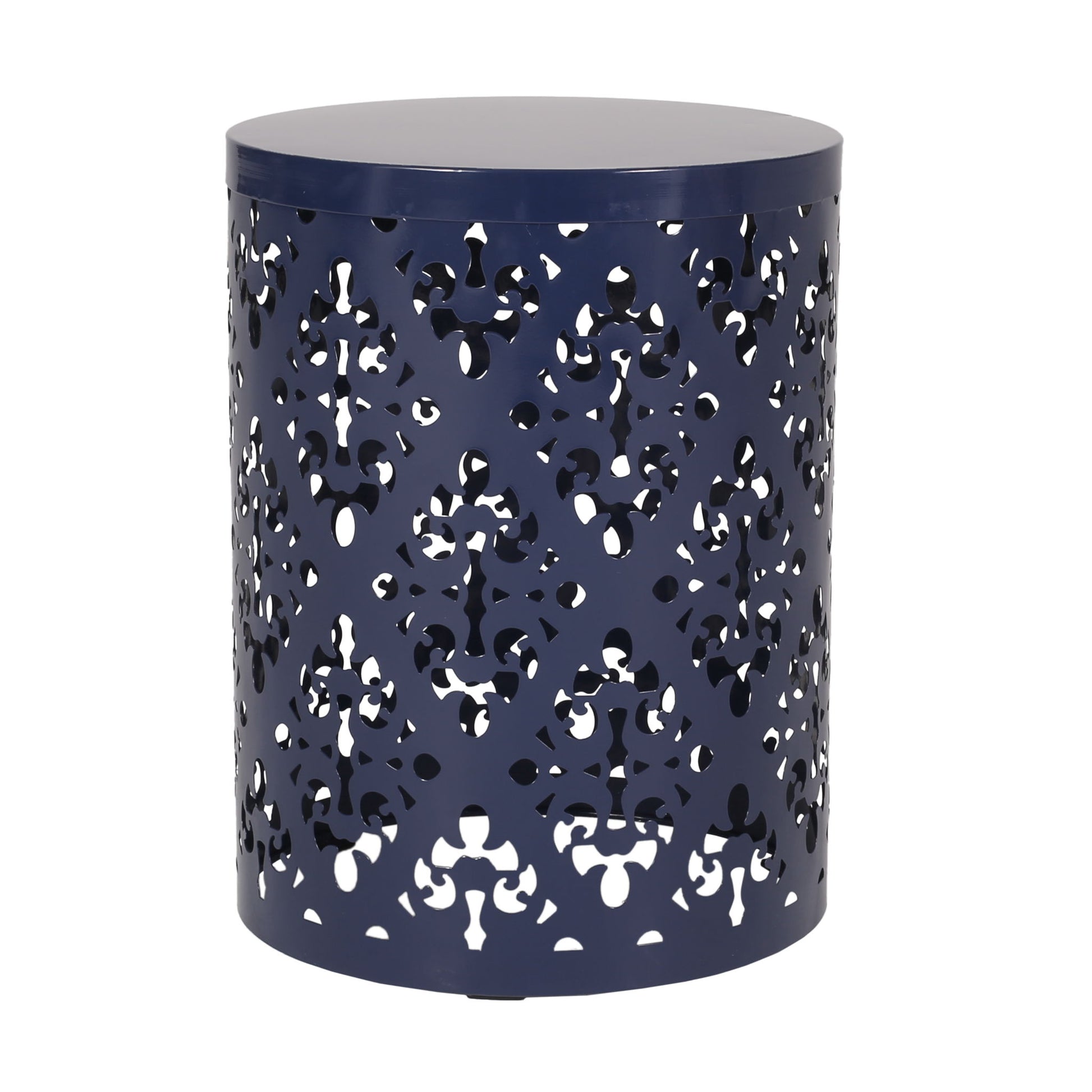 The Outdoor Metal Modern Design End Table is a round, dark blue metal side table featuring an intricate cut-out lattice pattern on the sides and a solid, smooth, flat tabletop.