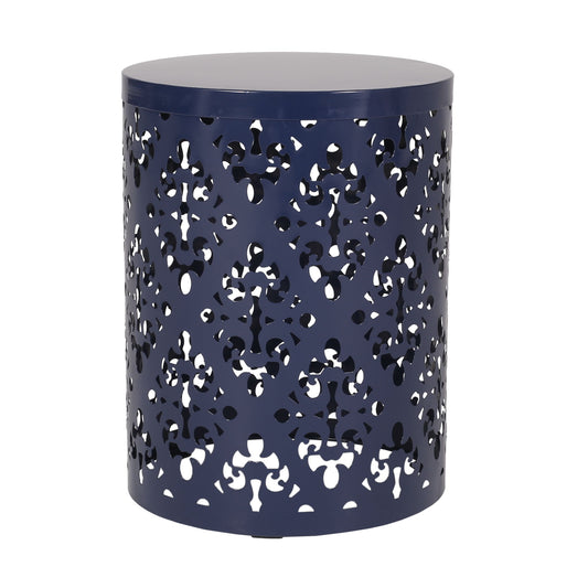 The Outdoor Metal Modern Design End Table is a round, dark blue metal side table featuring an intricate cut-out lattice pattern on the sides and a solid, smooth, flat tabletop.