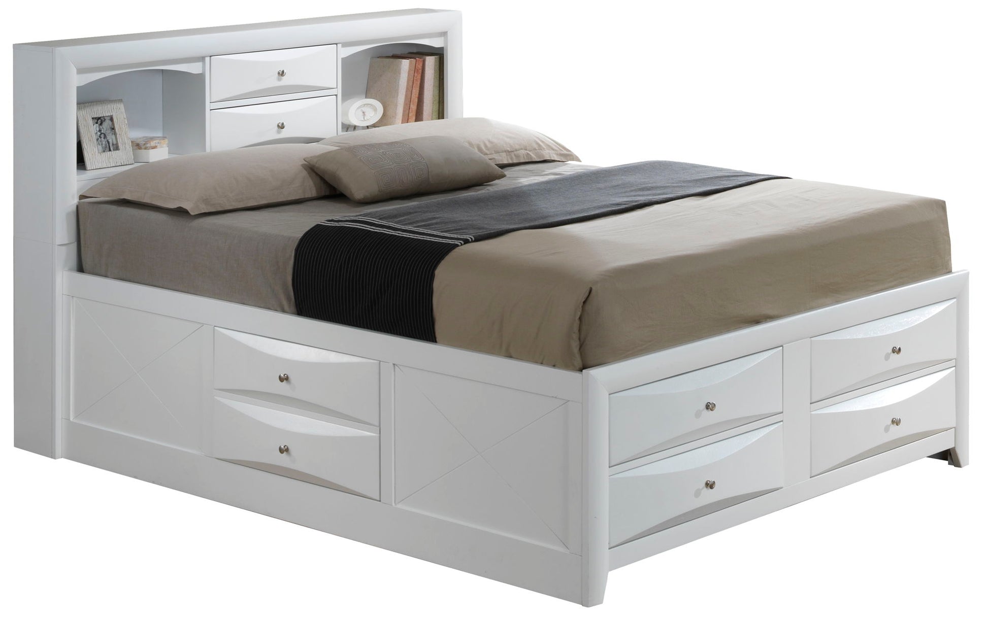 The Marilla Storage Bed With Bookcase Headboard features six base drawers and shelves in the headboard, dressed in beige and taupe bedding with a dark gray throw at the foot.