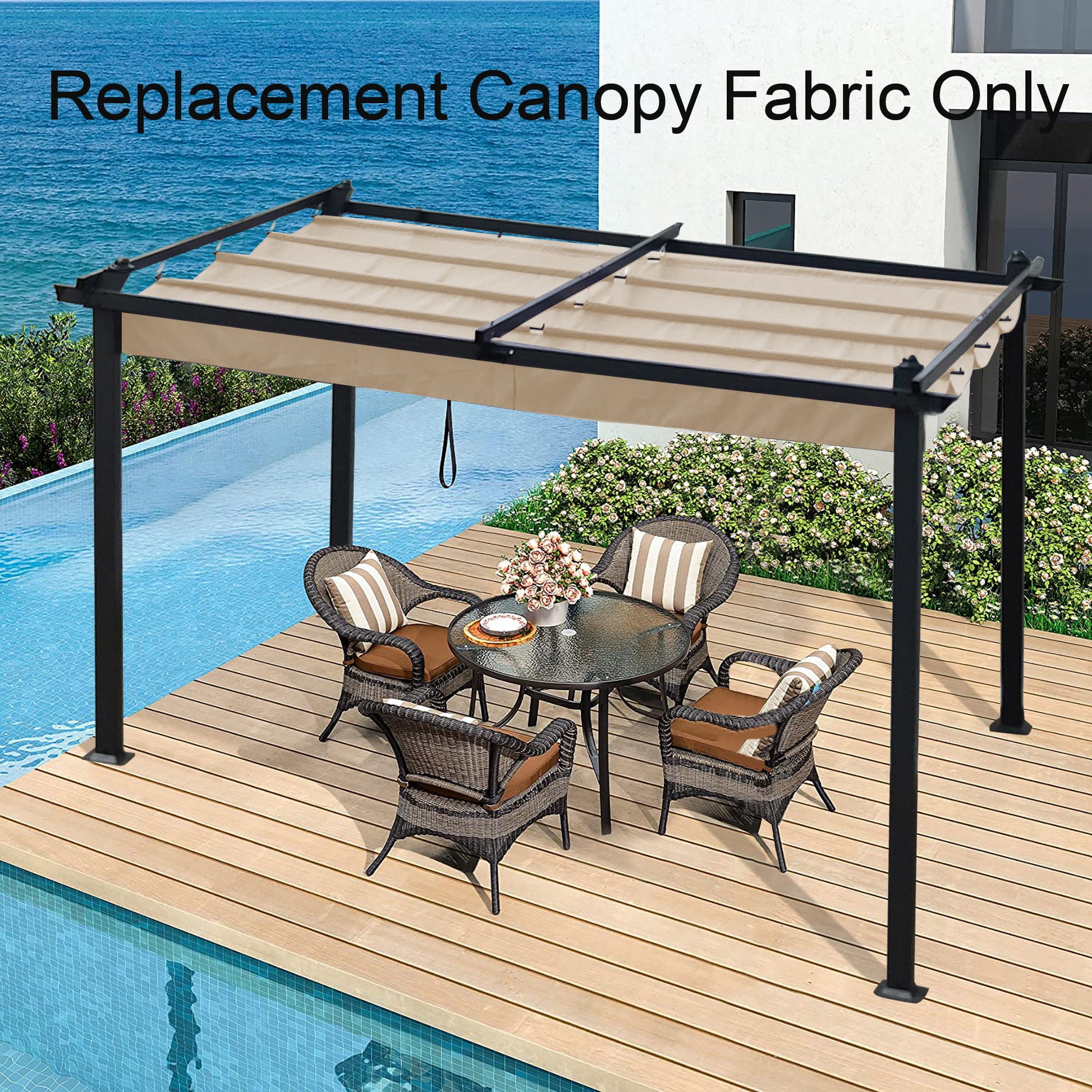 The Replacement Canopy Top Cover Fabric for Outdoor Patio Retractable Pergola Sun-Shelter is shown installed on a black pergola above a patio set by a pool. Text reads: "Replacement Canopy Fabric Only.
