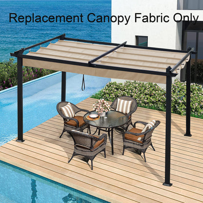 The Replacement Canopy Top Cover Fabric for Outdoor Patio Retractable Pergola Sun-Shelter is shown installed on a black pergola above a patio set by a pool. Text reads: "Replacement Canopy Fabric Only.