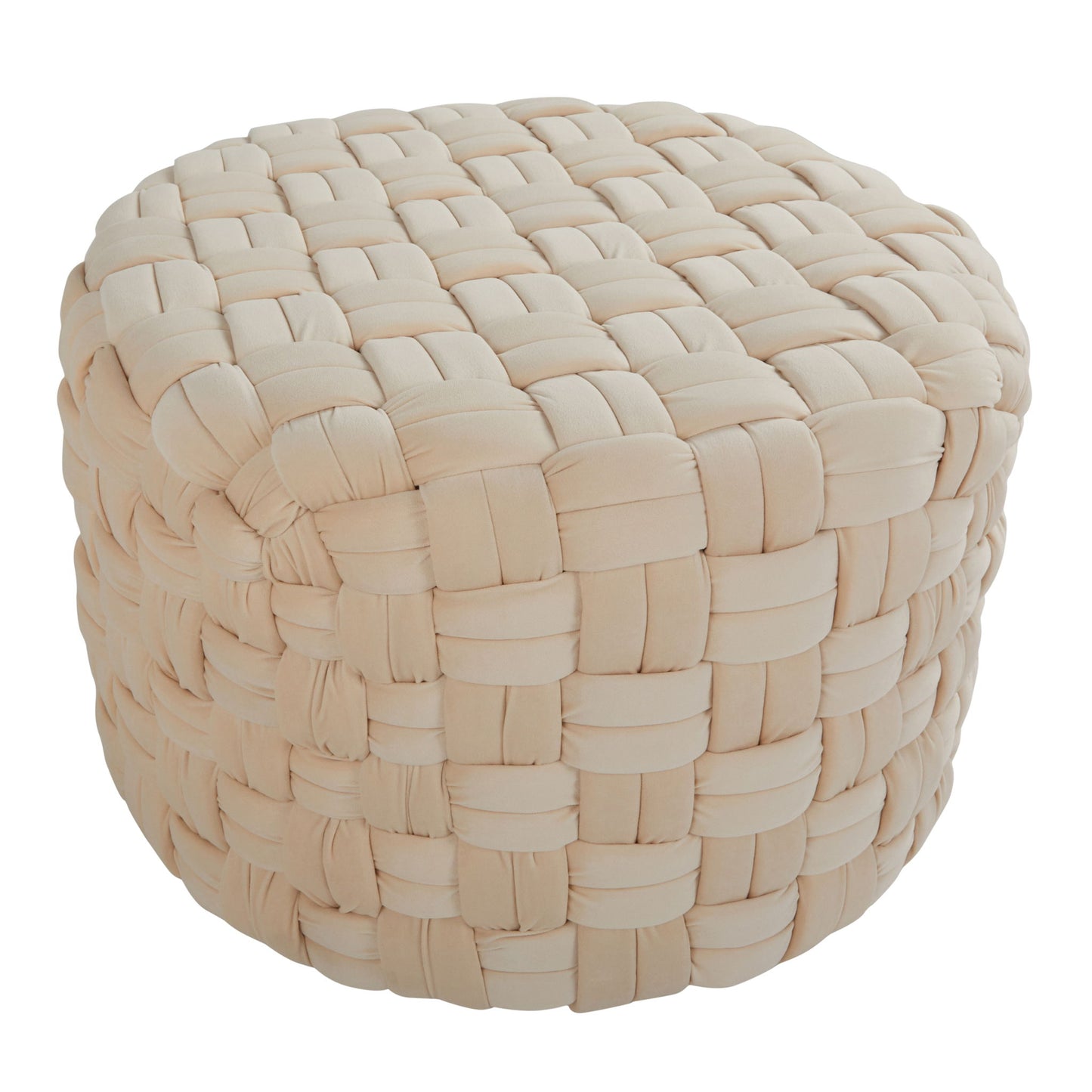 The Braided - Versatile Round Ottoman is a beige, round piece with chunky woven texture and thick fabric straps in a basketweave pattern.