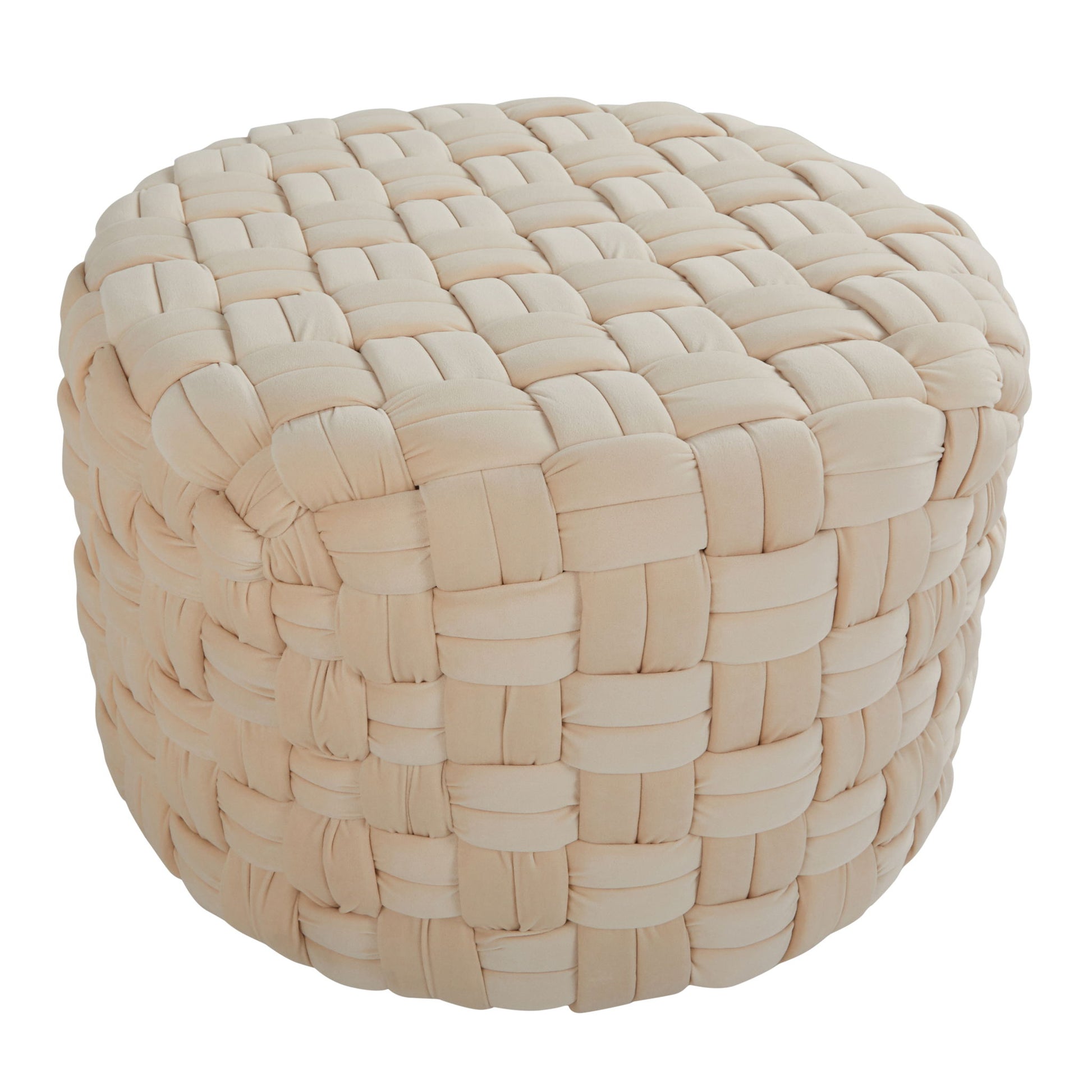 The Braided - Versatile Round Ottoman is a beige, round piece with chunky woven texture and thick fabric straps in a basketweave pattern.