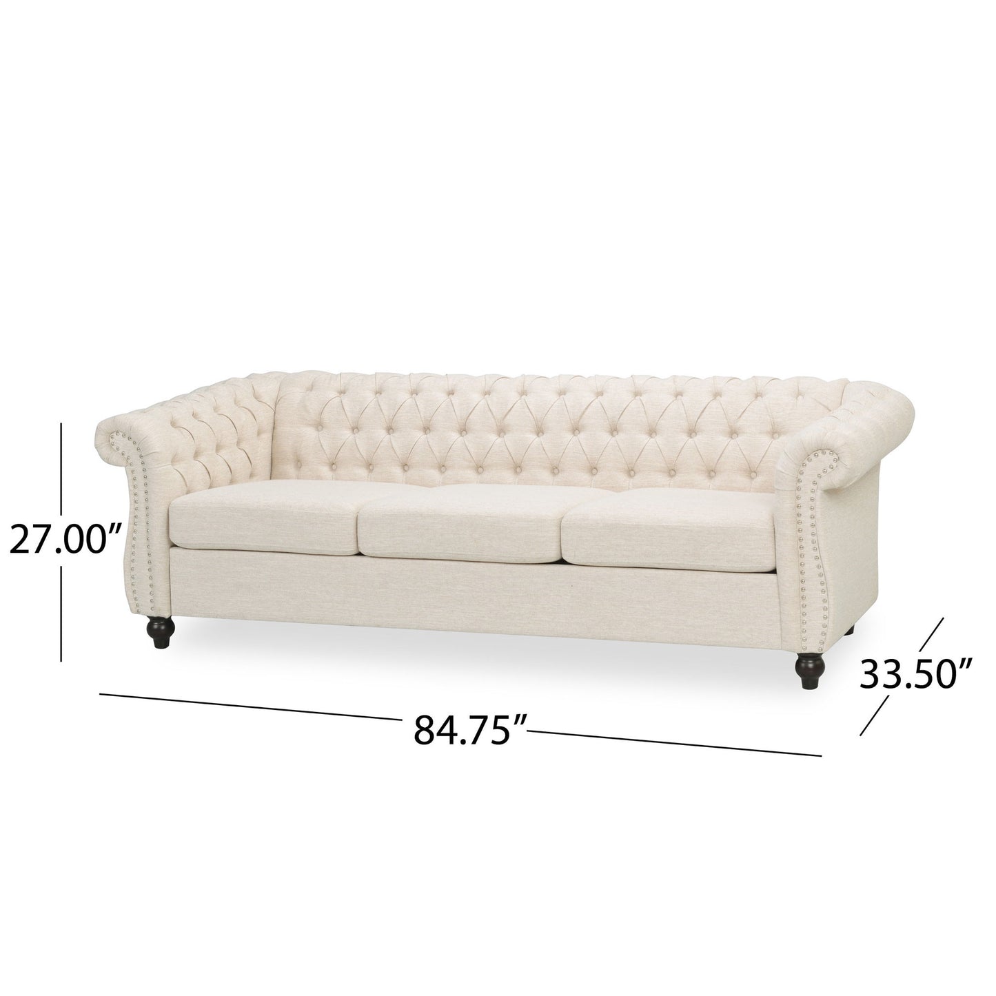 The Chesterfield Style 3 Seater Sofa With Deep Button Tufting features a cream color, rolled arms, and dark short legs. Dimensions: 27" H x 84.75" W x 33.5" D.