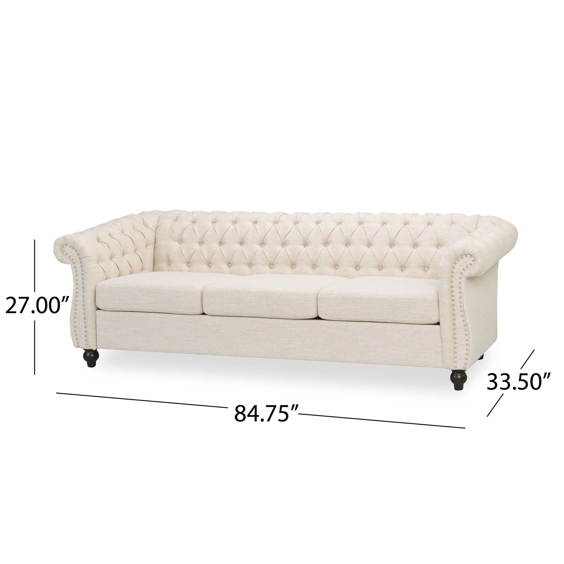 The Chesterfield Style 3 Seater Sofa With Deep Button Tufting features a cream color, rolled arms, and dark short legs. Dimensions: 27" H x 84.75" W x 33.5" D.