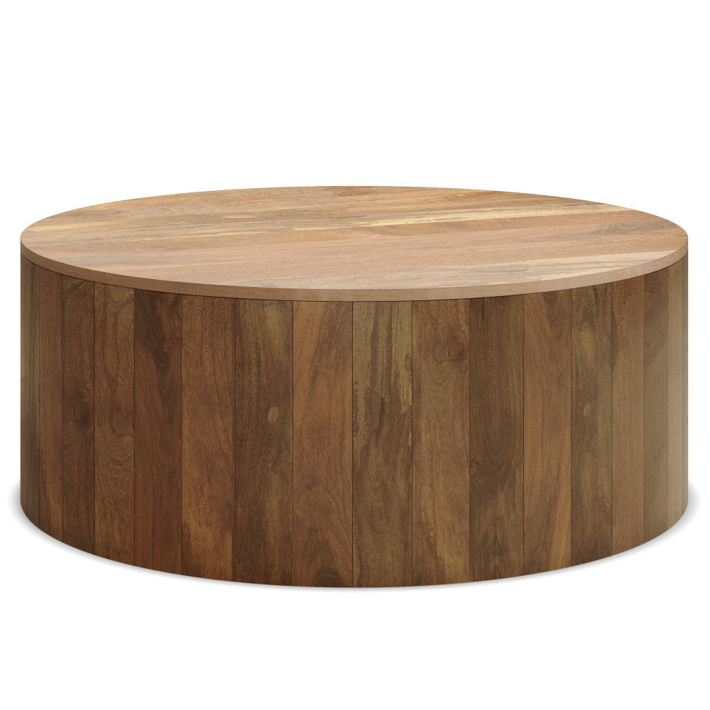 The Millbury - Drum Coffee Table in Natural features a round wooden design with a smooth, flat top and vertical wood paneling on the sides, displayed against a plain white background.