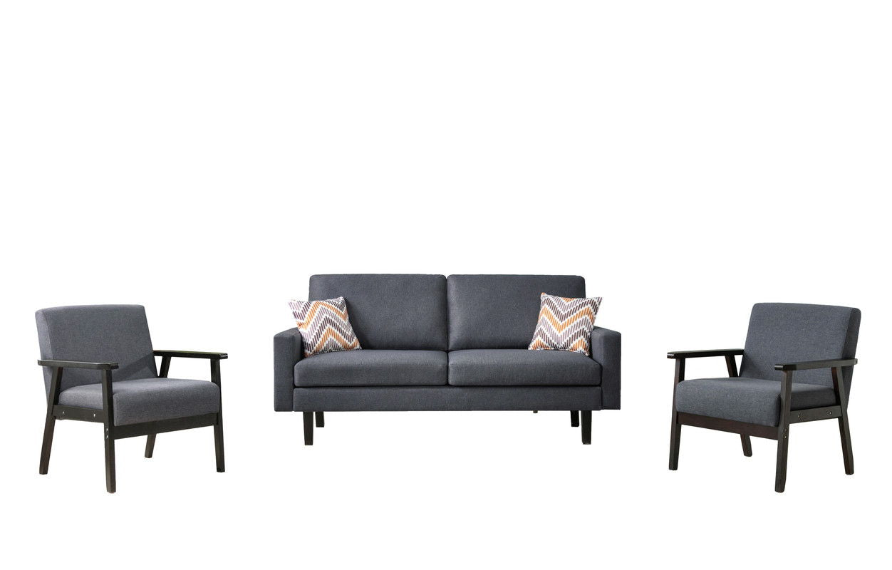 The Bahamas Sofa Set features a dark gray sofa, two matching armchairs, and two chevron-patterned throw pillows, all with black wooden frames, shown on a white background.