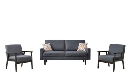 The Bahamas Sofa Set features a dark gray sofa, two matching armchairs, and two chevron-patterned throw pillows, all with black wooden frames, shown on a white background.