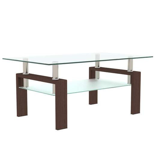 The Rectangle Coffee Table, Modern Side Center Tables For Furniture, features a clear glass top, a frosted glass lower shelf, and four dark wooden legs with metal supports for a stylish look.