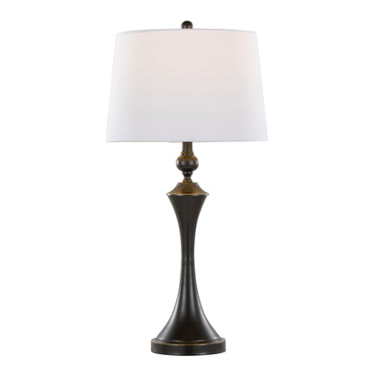The Flint Contemporary Table Lamp (Set of 2) features a dark curved metal base, a white tapered drum shade, and built-in USB ports. Its modern, elegant style suits home or office decor.
