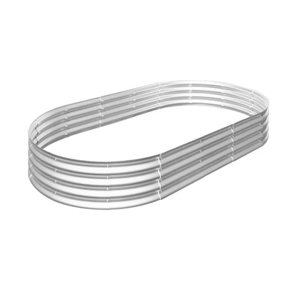 The Heavy Duty Galvanized Raised Garden Bed Kit for Vegetables, Flowers & Herbs features an oval-shaped silver metal frame with ribbed sides, displayed on a white background.
