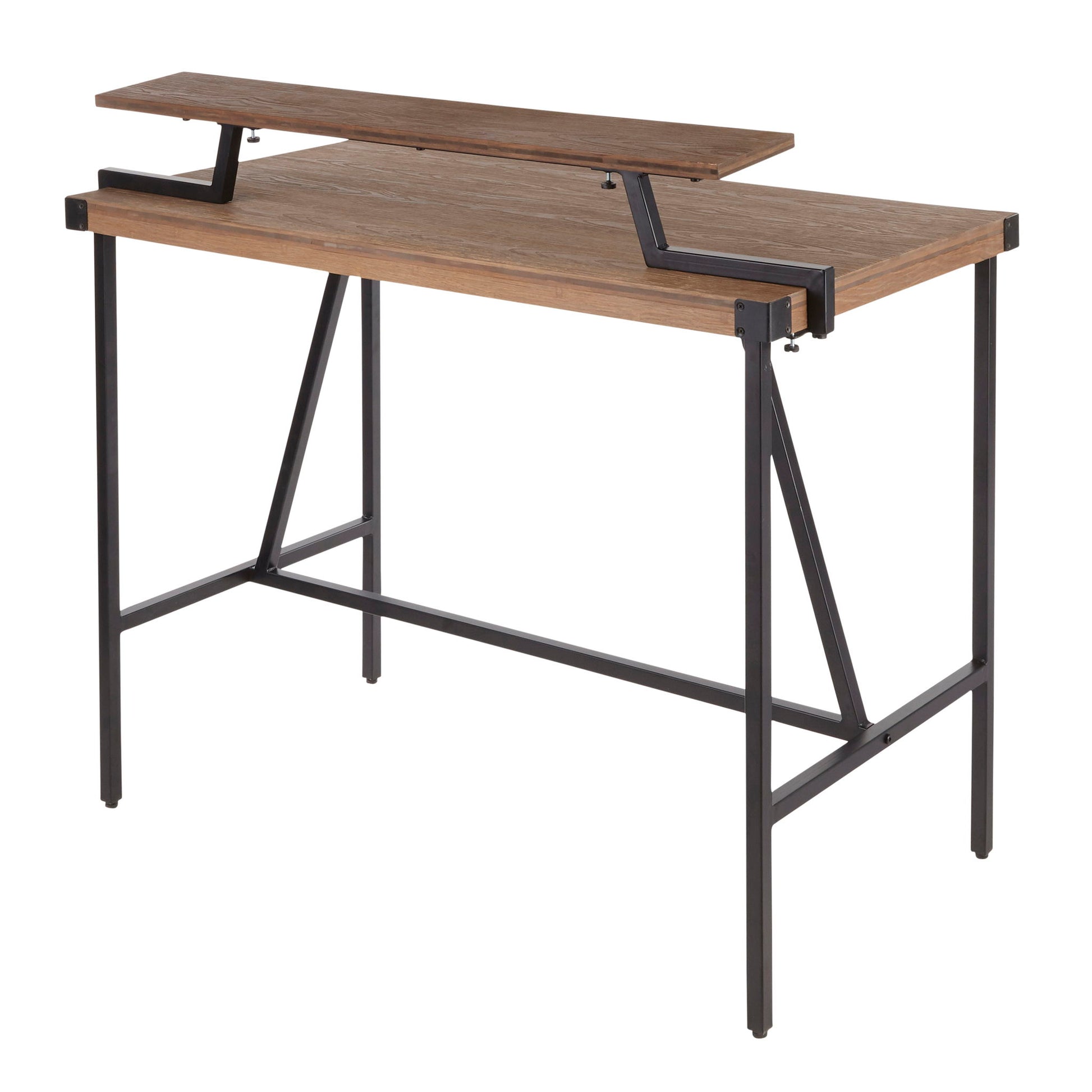 The Gia - Industrial Counter Table features a dark metal frame, a wooden tabletop, and an elevated offset shelf on one side for extra workspace or storage.