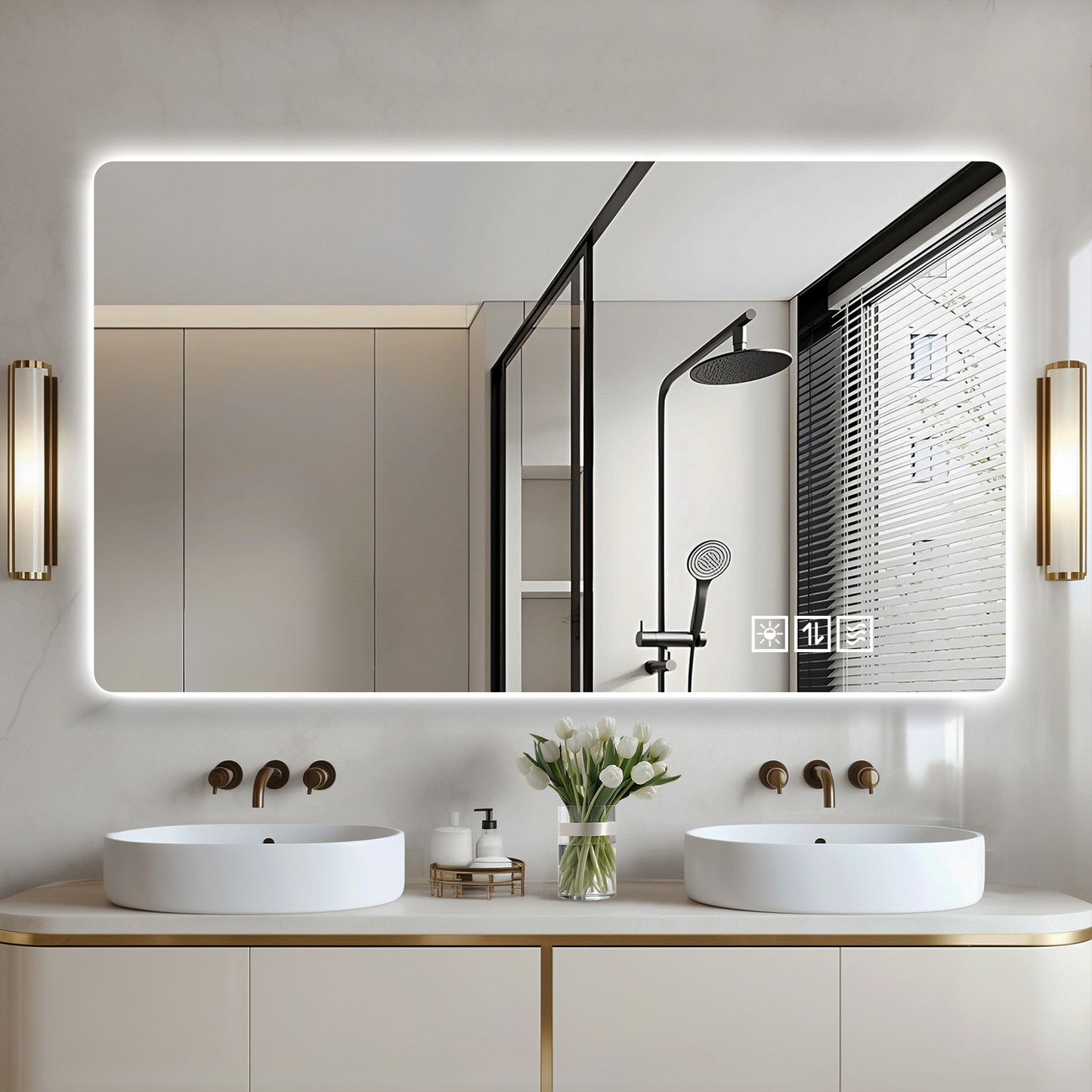 Wall Mounted LED Lighting Mirror With 3 Color Lighting, Dimming, Waterproof, Anti Fog, Touch Switch - Silver