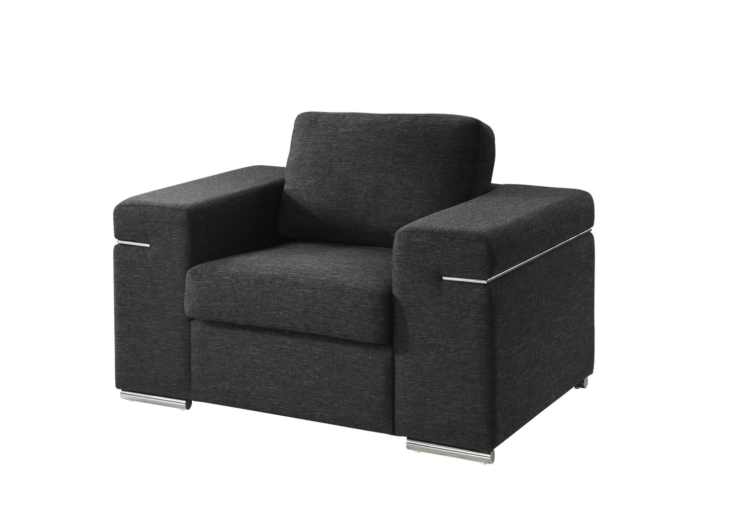 The Gianna Fabric Arm Chair features a modern design in dark gray with wide armrests, cushioned seat and back, and metal accents on the arms and legs, displayed against a white background.