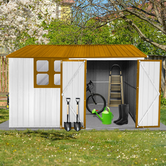 The 10' x 8' Garden Sheds Outdoor Storage Sheds With Window is shown with double doors open, displaying a bicycle, ladder, watering can, black boots inside, and two shovels hanging on the left door; set in a grassy yard with trees and a wooden fence.